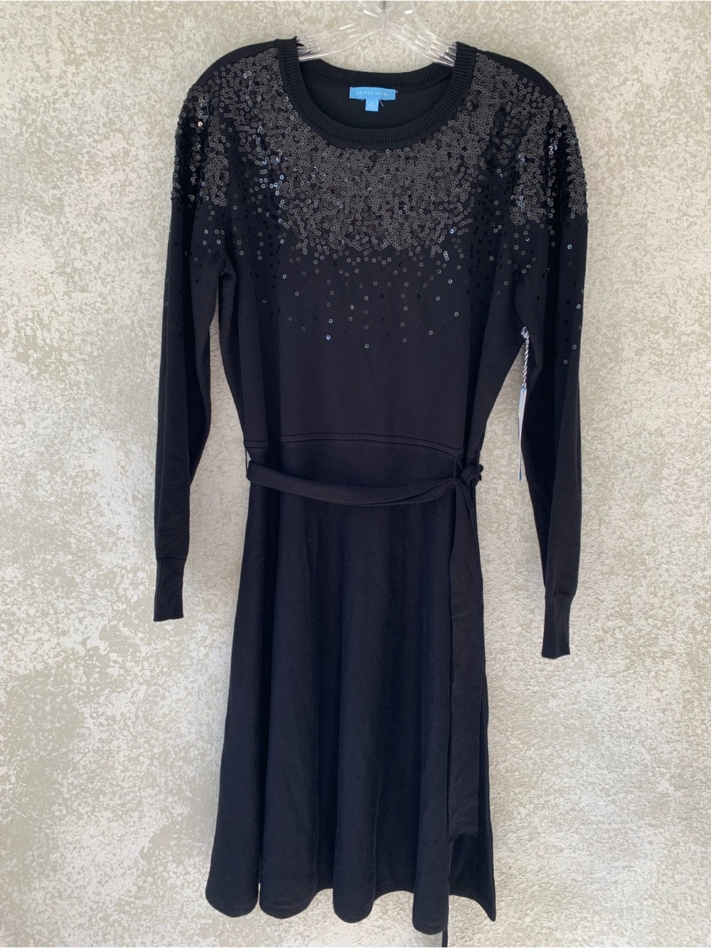 Draper James Black Sequin Long-Sleeve Tie-Waist Sweater Dress Large NWT